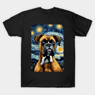 Boxer Dog Breed Painting in a Van Gogh Starry Night Art Style T-Shirt